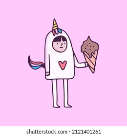Cute boy wearing unicorn costume holding ice cream. illustration for t shirt, poster, logo, sticker, or apparel merchandise.