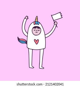 Cute boy wearing unicorn costume holding white flag. illustration for t shirt, poster, logo, sticker, or apparel merchandise.