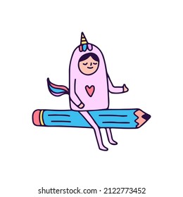 Cute boy wearing a unicorn costume and ride a pencil , illustration for t-shirt, sticker, or apparel merchandise. With doodle, soft pop, and cartoon style.