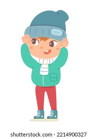 Cute boy wearing woolen hat vector illustration. Cartoon isolated adorable child with funny face, happy young student standing with hands up to put on winter headdress