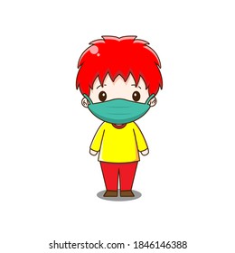 Un chico lindo lleva máscara. Ilustración vectorial del carácter chibi aislado en fondo blanco.