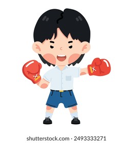 Cute boy wears red boxing gloves