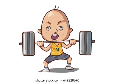 Cute Boy Weightlifting. Vector illustration. Isolated on white background.