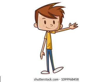 Cute boy welcome cartoon character. Vector illustration. Isolated on white background.