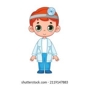 A cute boy in a white doctor or nurse suit. Child ophthalmologist. The concept of choosing a profession. Vector illustration of a character in a cartoon style. Isolated funny clipart. cute print