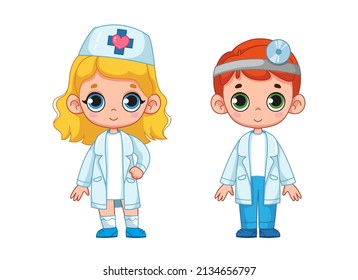 Cute boy in white doctor or nurse suit and girl set. Children's doctor. The concept of choosing a profession by children. Vector illustration of a character in cartoon style. Isolated funny clipart.