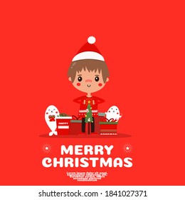 cute boy and white seal  catoon. christmas card vector.gift box