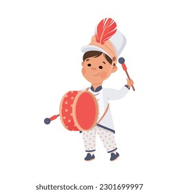 Cute boy in white traditional costume playing drum musical instrument in marching band parade cartoon vector illustration