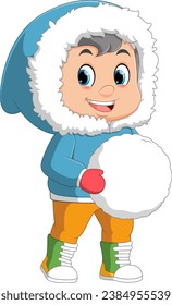cute boy in winter clothes with big snowball of illustration