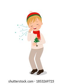 Cute boy in winter clothes coughing. Medical clip art. Flat vector isolated on white.