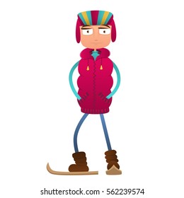 Cute boy in winter clothes on skis. Young skier.