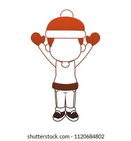 Cute boy with winter clothes in  red  and white
