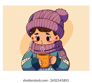 A cute boy in winter clothing holding a mug of tea, perfect for cozy winter vibes. Check out this adorable image and get inspired for your next winter-themed design or project.