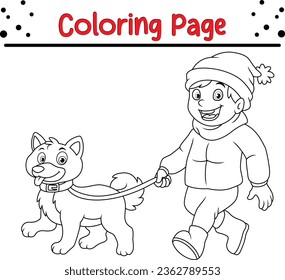 Cute Boy Winter coloring page for children. Vector black and white Happy Christmas coloring book.