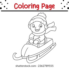 Cute Boy Winter coloring page for children. Vector black and white Happy Christmas coloring book.