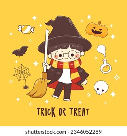 Cute boy witch halloweeen trick or treat background