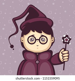 Cute Boy in Wizard masquerade costume. Cartoon character vector illustration. Person on stars background with Magic wand. Image for halloween and holiday costume party.