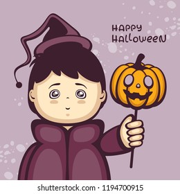 Cute Boy in Wizard masquerade costume with pumpkin mask. Cartoon character vector illustration. Image for halloween and holiday costume party.