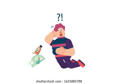 A cute boy wondering why does his stuff has been damaged, a flat vector illustration. A damaged goods vector illustration, this illustration can use as a sticker also. 
