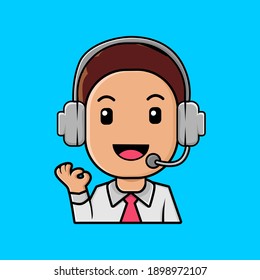 Cute Boy Working In A Call Center Cartoon Illustration