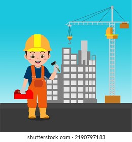 Cute Boy Working As Engineer, Background in Separated Layer For Easy Editing