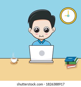 Cute Boy Working With Laptop Vector Illustration. Vector Icon Coffee Cup, Books, Clock. Suitable For Banner, Poster, Web