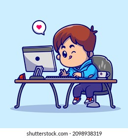 Cute Boy Working On Computer Cartoon Vector Icon Illustration. People Technology Icon Concept Isolated Premium Vector. Flat Cartoon Style