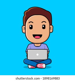 Cute boy working on laptop cartoon illustration