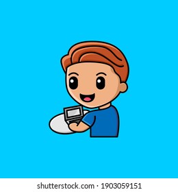 Cute boy working on laptop. Freelance work concept cartoon illustration