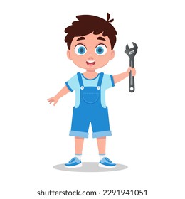 Cute boy with a wrench. Boy locksmith