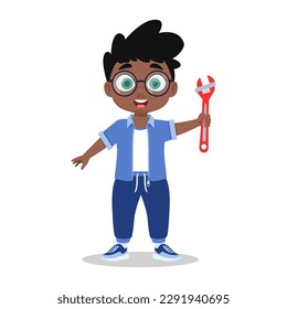 Cute boy with wrench. Vector illustration