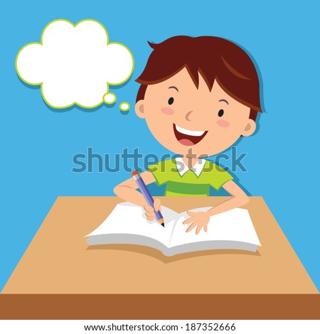 Cute boy writing at his desk. Vector illustration of a little boy writing and thinking.