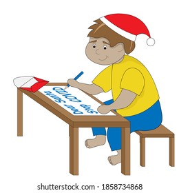 Cute boy is writing letter to Santa Claus. He is asking him to stop COVID-19.