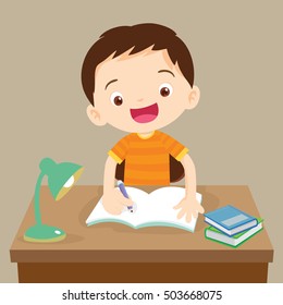 Cute boy writing and thinking be happy. Vector illustration of a little boy writing at his desk.Caucasian student boy at his desk writing for homework.