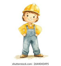 A cute boy with a yellow hard hat, yellow shirt, and blue overalls stands with his hands on his hips, smiling.