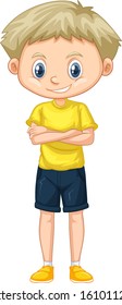 Cute boy in yellow shirt standing on white background illustration