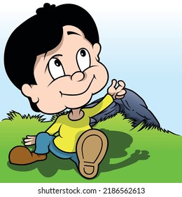 Cute Boy With Yellow T-shirt And Black Hair Sitting On The Ground - Colored Cartoon Illustration With Background, Vector