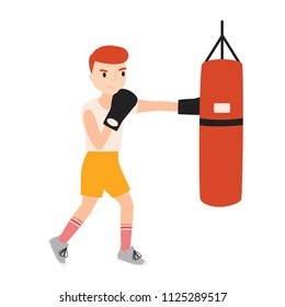 Cute boy or young boxer dressed in sportswear training with punching bag isolated on white background. Boxing workout, sports activity for children. Colorful vector illustration in flat cartoon style.