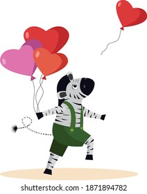 Cute boy zebra with heart balloons vector image