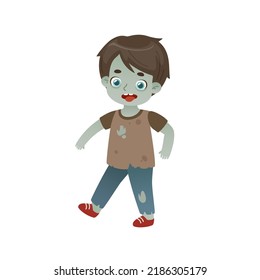 Cute boy in zombie halloween costume. Creepy cartoon zombie kid. Scary halloween little monster.