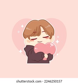 Cute boyfriend holding pink heart miss his girlfriend, happy valentine, cartoon character illustration