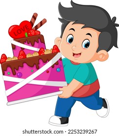 cute boys are bringing a big cake for valentine's day event of illustration