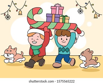 Cute boys are carrying Christmas presents together. Cute puppies are following the boys. hand drawn style vector design illustrations. 