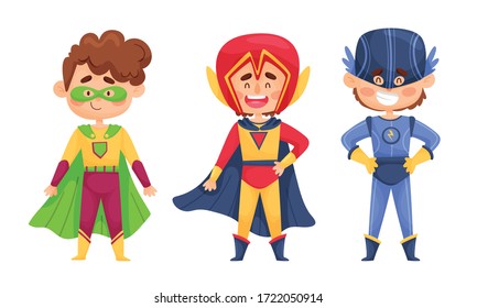 Cute Boys Character in Superhero Costume and Masks Posing Vector Illustrations Set