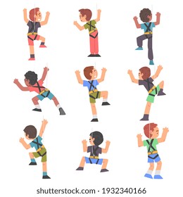 Cute Boys Climbing Wall Set, Kid Climbers Characters Practicing Extreme Sport or Having Fun in Adventure Park Cartoon Style Vector Illustration