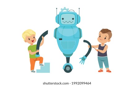 Cute Boys Creating Robot Model Set, Kids Building Robot, Hobby or Future Profession Concept Cartoon Vector Illustration