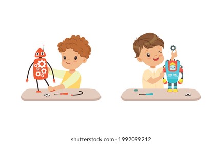 Cute Boys Creating Robot Models Set, Kids Engineers Building Robotic Technology, Hobby or Future Profession Concept Cartoon Vector Illustration