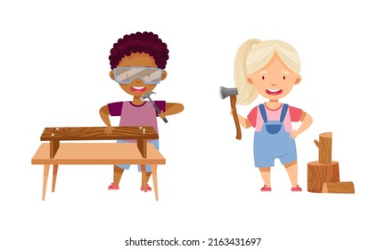 Cute boys doing carpentry work. Kids working with construction tools at craft lesson cartoon vector illustration