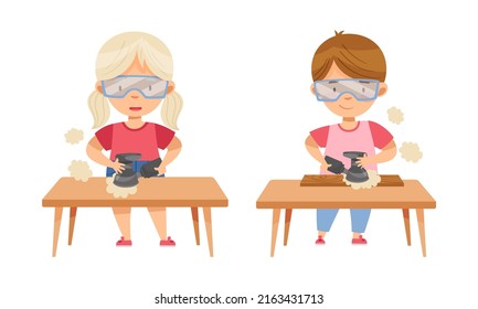 Cute boys doing carpentry work. Kids working with plane at craft lesson cartoon vector illustration