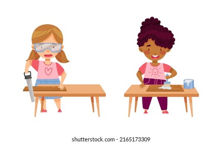 Cute boys doing carpentry work. Kids sawing and painting at craft lesson cartoon vector illustration